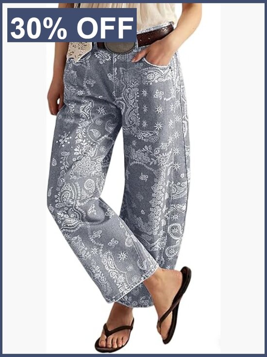 Denim - Womens 90s Baggy Barrel Jeans Wide Leg Floral Print Mid Rise Ankle Denim